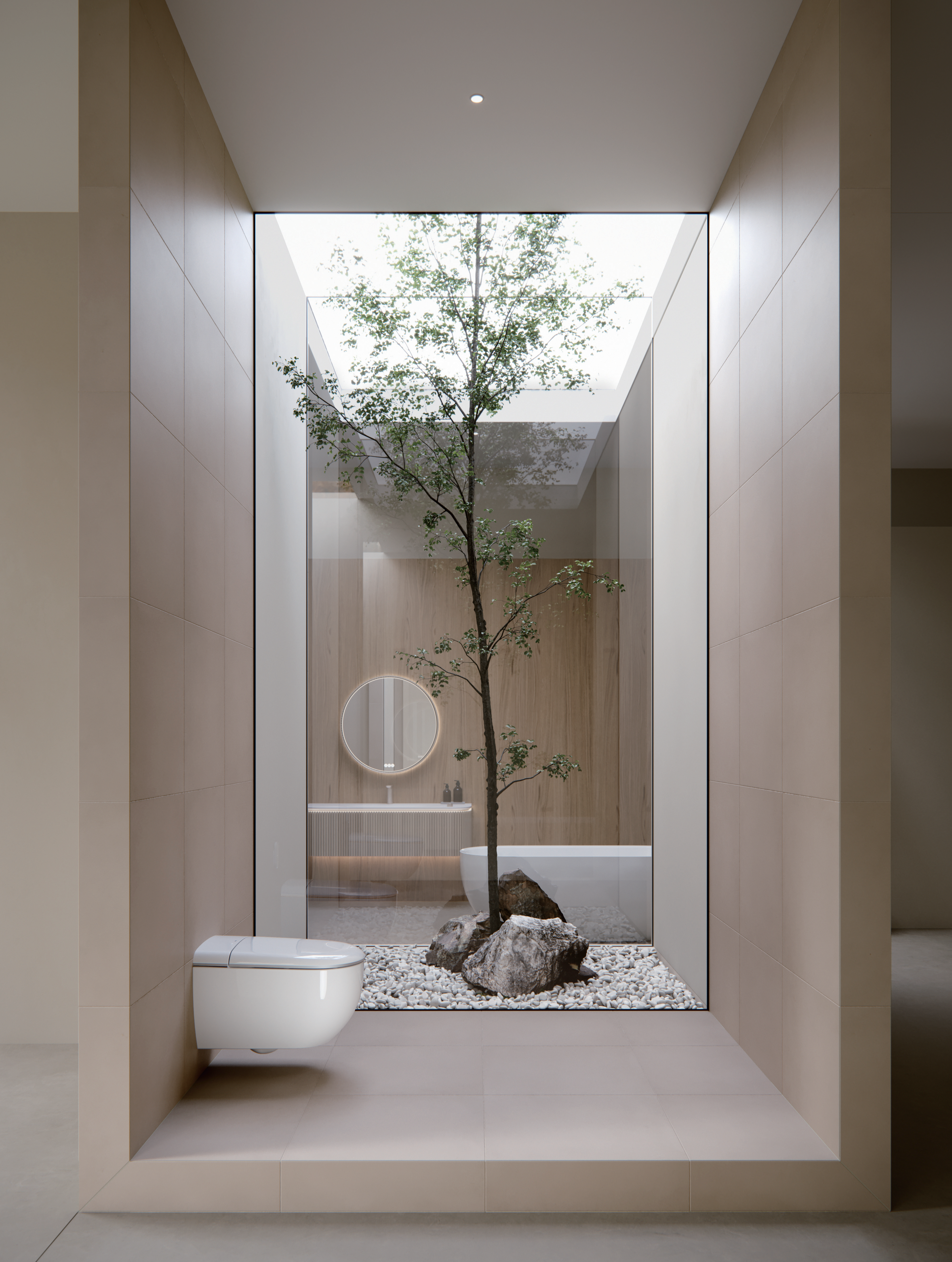 white tub by window with green background